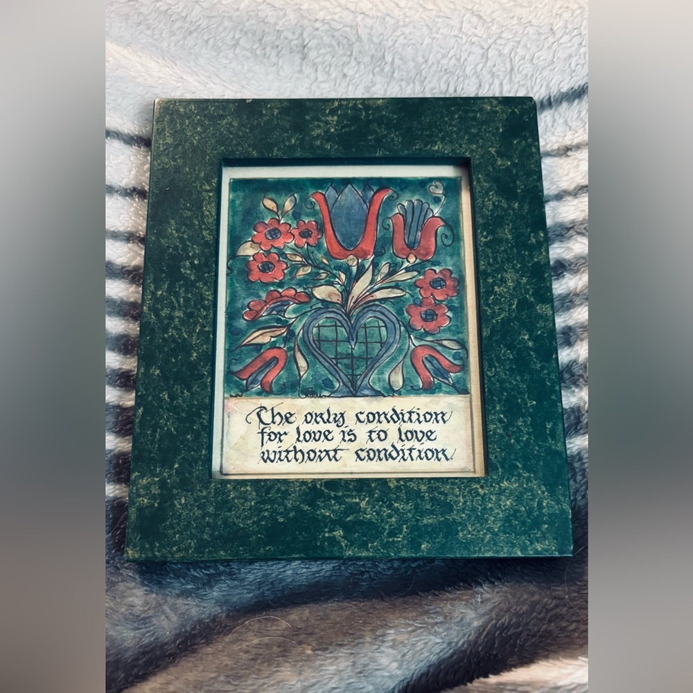 Vintage Framed Fraktur Floral and Heart Folk Art Print in Green Frame